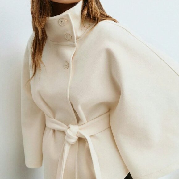 Apricot Elegant Women's Cloak With Stand Collar & Belt - Picture 2 of 3